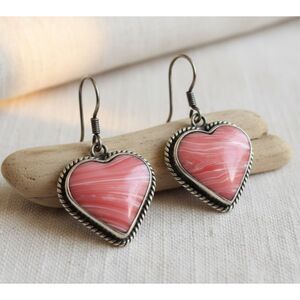 Vintage Mexico 925 Sterling Pink Banded Onyx Heart Dangle Earrings